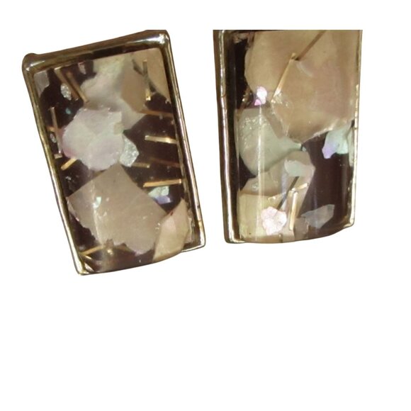 Vintage Gold-Tone Clip-On Earrings With Iridescent Shell Inlay Rectangles - Picture 3 of 5